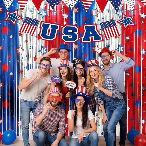 4th of July Decorations, 3 Pack 3.3Ft x 6.6Ft Red White Blue Foil Fringe Curtains Streamers Patriotic Decor for Independence Day Party 250th Anniversary Photo Booth Backdrop Props Party Supplies in Kuwait