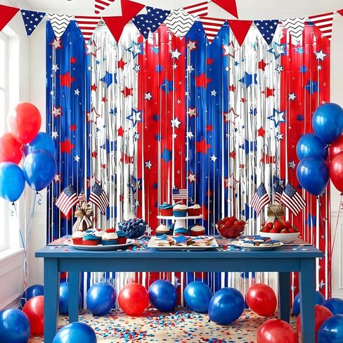 4th of July Decorations, 3 Pack 3.3Ft x 6.6Ft Red White Blue Foil Fringe Curtains Streamers Patriotic Decor for Independence Day Party 250th Anniversary Photo Booth Backdrop Props Party Supplies in Kuwait