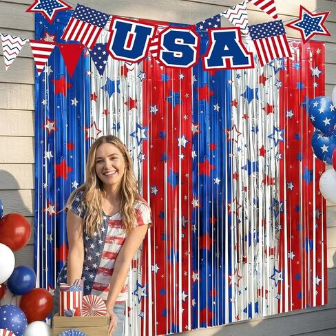 4th of July Decorations, 3 Pack 3.3Ft x 6.6Ft Red White Blue Foil Fringe Curtains Streamers Patriotic Decor for Independence Day Party 250th Anniversary Photo Booth Backdrop Props Party Supplies in Kuwait