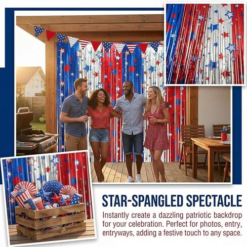 4th of July Decorations, 3 Pack 3.3Ft x 6.6Ft Red White Blue Foil Fringe Curtains Streamers Patriotic Decor for Independence Day Party 250th Anniversary Photo Booth Backdrop Props Party Supplies in Kuwait