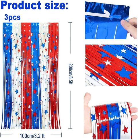 4th of July Decorations, 3 Pack 3.3Ft x 6.6Ft Red White Blue Foil Fringe Curtains Streamers Patriotic Decor for Independence Day Party 250th Anniversary Photo Booth Backdrop Props Party Supplies in Kuwait