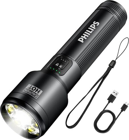 Philips SFL2154 Rechargeable EDC Tactical Flashlight, 3500 High Lumens Aluminium Portable Pocket Light with 15 Modes, Triple Light Sources for Outdoor, Emergency and Work Applications (Black) in Kuwait