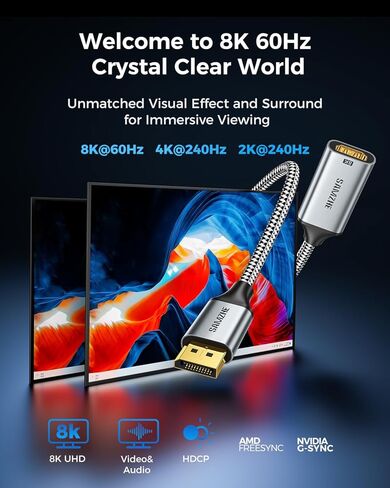 SAMZHE 8K DisplayPort 1.4 to HDMI 2.1 Adapter with 8K 60Hz / 4K 240Hz, Uni-Directional DP Computer to HDMI 2.1 Screen Male to Female Cable, for Desktop, Projector Compatible with NVIDIA, AMD, 0.82FT in Kuwait