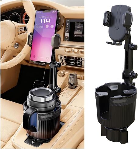 Car Cup Holder Phone Mount, 2 in 1 360° Rotation Long Arm Vehicle Cup Cell Phone Holder Expander with Adjustable Base, Automotive Drink Bottles Smartphones Stand, Universal Fit (Black) in Kuwait