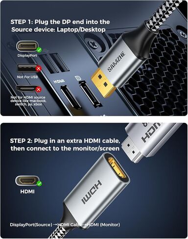 SAMZHE 8K DisplayPort 1.4 to HDMI 2.1 Adapter with 8K 60Hz / 4K 240Hz, Uni-Directional DP Computer to HDMI 2.1 Screen Male to Female Cable, for Desktop, Projector Compatible with NVIDIA, AMD, 0.82FT in Kuwait