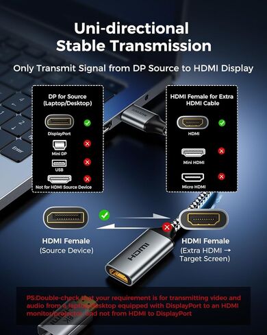 SAMZHE 8K DisplayPort 1.4 to HDMI 2.1 Adapter with 8K 60Hz / 4K 240Hz, Uni-Directional DP Computer to HDMI 2.1 Screen Male to Female Cable, for Desktop, Projector Compatible with NVIDIA, AMD, 0.82FT in Kuwait
