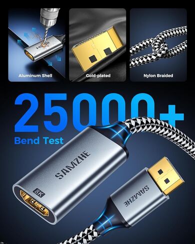 SAMZHE 8K DisplayPort 1.4 to HDMI 2.1 Adapter with 8K 60Hz / 4K 240Hz, Uni-Directional DP Computer to HDMI 2.1 Screen Male to Female Cable, for Desktop, Projector Compatible with NVIDIA, AMD, 0.82FT in Kuwait