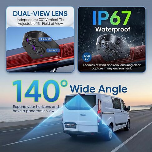 Dual Camera Third Brake Light Backup Camera for Ford Transit 2012-2015 with 10M Cable, CVBS NTSC/AHD PAL Switchable, 140° Wide Angle, IP67 Waterproof, Night Vision, Vehicle-Specific Reverse Camera in Kuwait