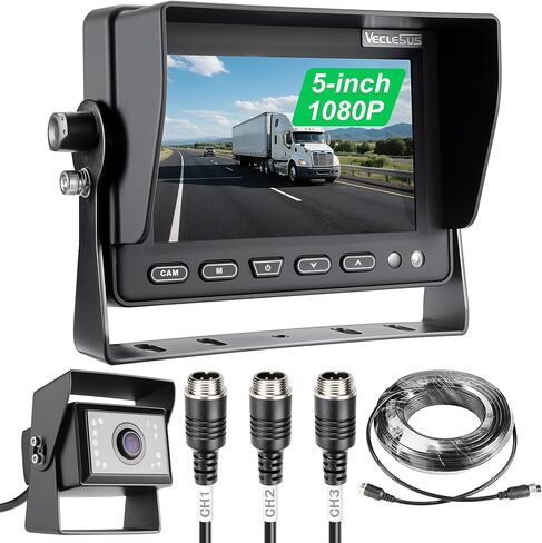Backup camere System for Truck,VECLESUS V5M 5" 1080P Backup Camera System, 3-Channel Video Input with Reversing Delay & Night Vision, Waterproof Rear View Kit for Trucks/Buses/Vans in Kuwait