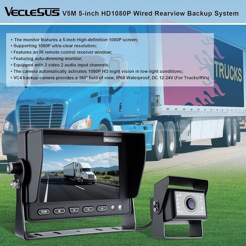 Backup camere System for Truck,VECLESUS V5M 5" 1080P Backup Camera System, 3-Channel Video Input with Reversing Delay & Night Vision, Waterproof Rear View Kit for Trucks/Buses/Vans in Kuwait