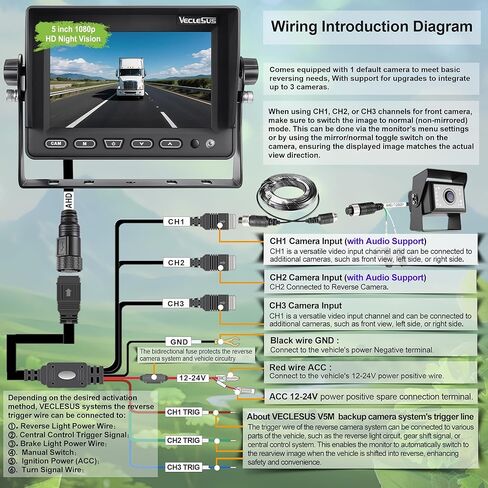 Backup camere System for Truck,VECLESUS V5M 5" 1080P Backup Camera System, 3-Channel Video Input with Reversing Delay & Night Vision, Waterproof Rear View Kit for Trucks/Buses/Vans in Kuwait
