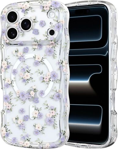 RALEAVO for iPhone 17 Case Cute Floral Pattern Design [Compatible with Magsafe] Clear Curly Wave Frame Cover for Women,Acrylic Shockproof Anti-Slip Case for iPhone 17,Purple Flowers in Kuwait