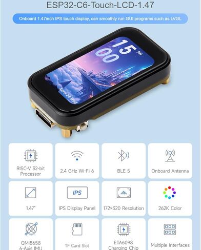 waveshare ESP32-C6 1.47inch Capacitive Touch Display Development Board 172×320 Resolution 262K Color LCD,Supports Wi-Fi 6(802.11 b/g/n) and Bluetooth 5 (LE),160MHz RISC-V Processor in Kuwait