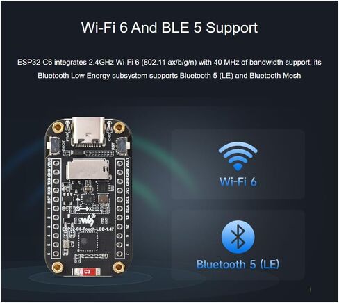 waveshare ESP32-C6 1.47inch Capacitive Touch Display Development Board 172×320 Resolution 262K Color LCD,Supports Wi-Fi 6(802.11 b/g/n) and Bluetooth 5 (LE),160MHz RISC-V Processor in Kuwait