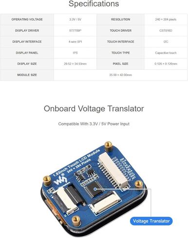 وحدة LCD تعمل باللمس 1.83 بوصة 240 × 284 IPS TFT، شاشة ST7789P SPI، CST816D I2C تعمل باللمس بالسعة، 262 ألف لون، 3.3 فولت/5 فولت، لـ Raspberry Pi/Pico، متوافقة مع Arduino/STM32/ESP32S3 in Kuwait
