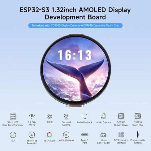 Waveshare ESP32-S3 1.32inch AMOLED Round Touch Display Development Board, 466×466 Pixels, QSPI Interface, Supports Wi-Fi and BT 5 in Kuwait