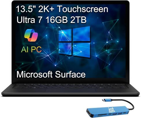 كمبيوتر Microsoft Surface Laptop 6 AI للأعمال (13.5 بوصة 2K+ شاشة لمس، Intel 16-Core Ultra 7 165H (> i7-1355U)، ذاكرة وصول عشوائي DDR5 سعة 16 جيجابايت، 512 جيجابايت SSD)، عمر بطارية 18.5 ساعة، إضاءة خلفية، كاميرا ويب IR، IST HUB، Win 11 Pro in Kuwait