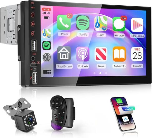 ستيريو سيارة فردي Din Wireless Carplay Android Auto شاشة تعمل باللمس 7 بوصات، راديو سيارة ريمودي بلوتوث يدعم الفيديو عبر الإنترنت والفيديو Yo-u Tu-be، FM، EQ، Type-C، AUX، USB-2، Mirror Link، SWC، كاميرا احتياطية in Kuwait
