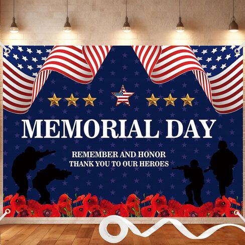 Memorial Day Banner 7x5FT Patriotic Backdrop with Ribbon, Polyester Memorial Day Decorations Banner with 4 Brass Grommets for Remember and Honor Party Photography Indoor Outdoor Decor in Kuwait