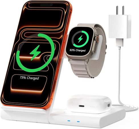 شاحن لاسلكي محمول جديد للسفر: لمحطة شحن Apple 3 في 1 حامل شاحن لأجهزة متعددة لأجهزة Apple - iPhone 17 16 15 14 Pro Max 13 12 11 - Watch 2-11 SE Ultra Series - Airpods 4 3 2 Pro in Kuwait