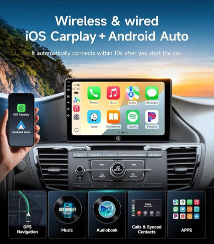 ستيريو راديو السيارة لهوندا أكورد 2013 2014 2015 2016 2017 10.2 بوصة IPS HD شاشة لمس لاسلكية CarPlay Android Auto، GPS FM/SWC بلوتوث التحكم في عجلة القيادة in Kuwait
