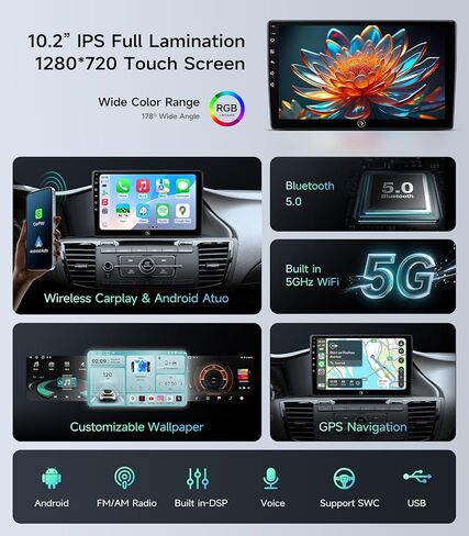 ستيريو راديو السيارة لهوندا أكورد 2013 2014 2015 2016 2017 10.2 بوصة IPS HD شاشة لمس لاسلكية CarPlay Android Auto، GPS FM/SWC بلوتوث التحكم في عجلة القيادة in Kuwait