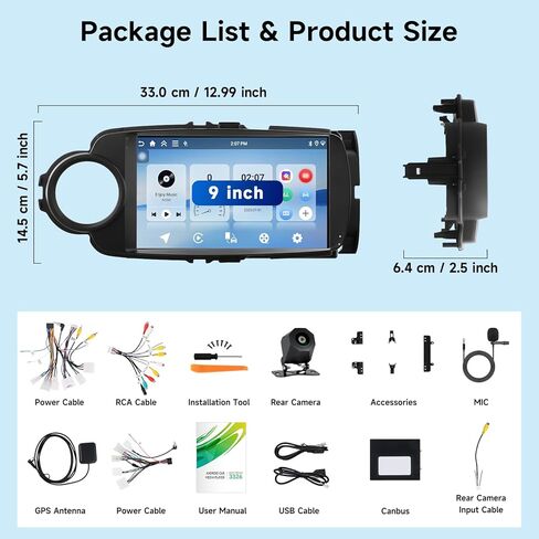 راديو Hodozzy 4G+128G لسيارة Toyota Yaris 2012-2017 مع Carplay اللاسلكي Android Auto، شاشة لمس Incell 9 بوصة ستيريو سيارة مزدوج Din مع نظام ملاحة GPS بلوتوث DSP، WiFi، FM RDS، كاميرا in Kuwait
