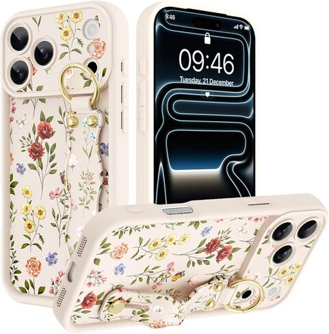 Compatible with iPhone 17 Pro Max Case with Wrist Strap, Cute Floral Flower Pattern, Soft TPU Phone Cover, Adjustable Wristband Kickstand Shockproof Protective Case for Girl Women, White in Kuwait