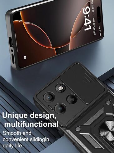 حافظة لهاتف Motorola Moto G15 مع [عبوتين] واقي شاشة من الزجاج المقوى، حافظة Moto G15 شديدة التحمل [من الدرجة العسكرية]، مع غطاء هاتف بحامل مغناطيسي أسود in Kuwait