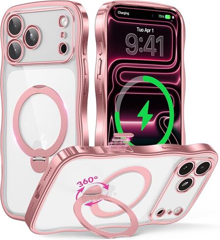 GolbinBox for iPhone 16 Pro Case with 360° Spin Magnetic Stand, [Compatible with MagSafe] [Camera Protection][Military Grade Protection] Wave Glossy Plating Phone Case for Women Girl,Rose Gold/Clear in Kuwait