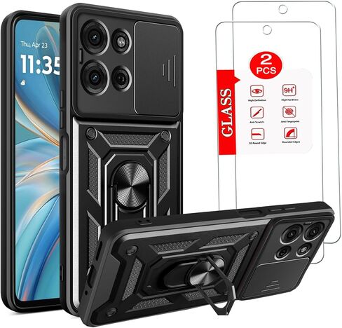 حافظة لهاتف Motorola Moto G15 مع [عبوتين] واقي شاشة من الزجاج المقوى، حافظة Moto G15 شديدة التحمل [من الدرجة العسكرية]، مع غطاء هاتف بحامل مغناطيسي أسود in Kuwait