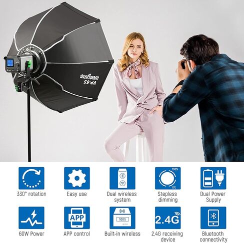 Weeylite Ninja 200 60W Bi-Color COB LED Video Light, 2800K-6800K Continuous Studio Lighting, CRI 95+ TLCI 95+, 0-100% Dimmable, 5800LM 70400Lux, App & Bluetooth Control, Portable Photography Light in Kuwait