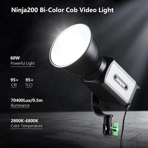 Weeylite Ninja 200 60W Bi-Color COB LED Video Light, 2800K-6800K Continuous Studio Lighting, CRI 95+ TLCI 95+, 0-100% Dimmable, 5800LM 70400Lux, App & Bluetooth Control, Portable Photography Light in Kuwait