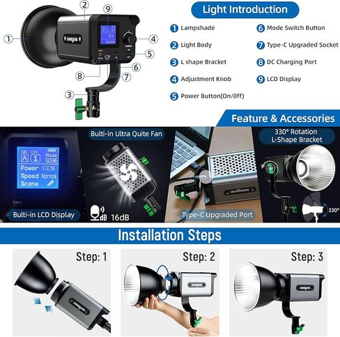 Weeylite Ninja 200 60W Bi-Color COB LED Video Light, 2800K-6800K Continuous Studio Lighting, CRI 95+ TLCI 95+, 0-100% Dimmable, 5800LM 70400Lux, App & Bluetooth Control, Portable Photography Light in Kuwait