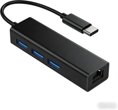 Aluminum Type C to Ethernet Adapter with 3 USB 3.0 Hub, 1000Mbps Gigabit Network LAN RJ45 Wired Internet Dongle for MacBook, Laptop, PC, for Office, Dorm, Campus Network - Black in Kuwait