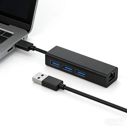 Aluminum Type C to Ethernet Adapter with 3 USB 3.0 Hub, 1000Mbps Gigabit Network LAN RJ45 Wired Internet Dongle for MacBook, Laptop, PC, for Office, Dorm, Campus Network - Black in Kuwait