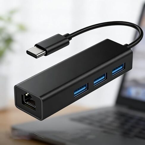 Aluminum Type C to Ethernet Adapter with 3 USB 3.0 Hub, 1000Mbps Gigabit Network LAN RJ45 Wired Internet Dongle for MacBook, Laptop, PC, for Office, Dorm, Campus Network - Black in Kuwait