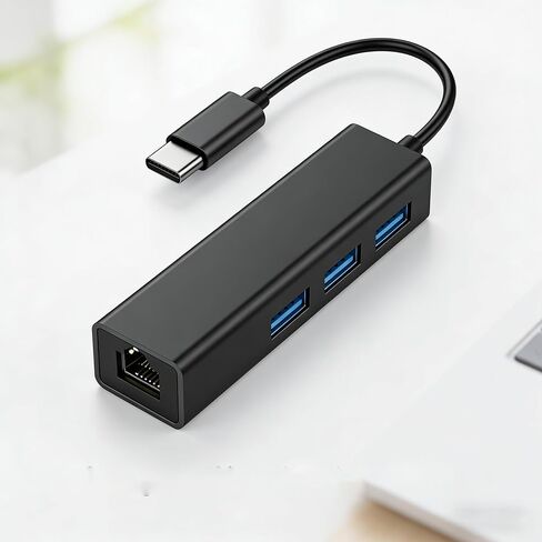 Aluminum Type C to Ethernet Adapter with 3 USB 3.0 Hub, 1000Mbps Gigabit Network LAN RJ45 Wired Internet Dongle for MacBook, Laptop, PC, for Office, Dorm, Campus Network - Black in Kuwait