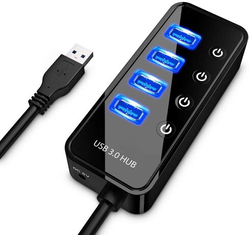 موزع USB 3.0 - 4 منافذ بيانات عالية السرعة مع مفاتيح تشغيل/إيقاف فردية، محول طاقة 5 فولت/3 أمبير، متوافق مع ماك بوك، الكمبيوتر الشخصي، القرص الصلب الخارجي والمزيد in Kuwait
