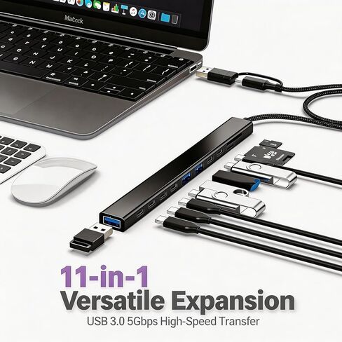 【11-in-1】 USB A&C Hub Docking Station, 5Gbps USB 3.0, SD/TF Card Reader, OTG, Plug & Play, Portable, Compatible with MacBook, iPhone 17/16/15, iPad, iMac, Surface, XPS, Dell, HP, Lenovo Laptop in Kuwait