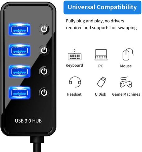موزع USB 3.0 - 4 منافذ بيانات عالية السرعة مع مفاتيح تشغيل/إيقاف فردية، محول طاقة 5 فولت/3 أمبير، متوافق مع ماك بوك، الكمبيوتر الشخصي، القرص الصلب الخارجي والمزيد in Kuwait