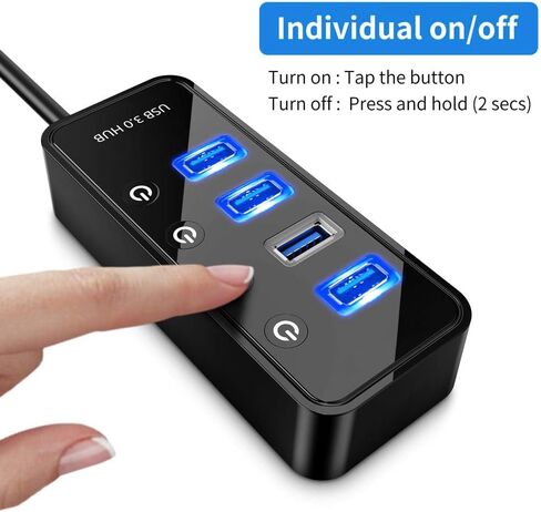 موزع USB 3.0 - 4 منافذ بيانات عالية السرعة مع مفاتيح تشغيل/إيقاف فردية، محول طاقة 5 فولت/3 أمبير، متوافق مع ماك بوك، الكمبيوتر الشخصي، القرص الصلب الخارجي والمزيد in Kuwait