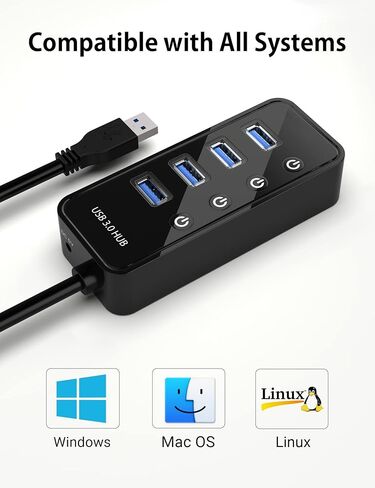 موزع USB 3.0 - 4 منافذ بيانات عالية السرعة مع مفاتيح تشغيل/إيقاف فردية، محول طاقة 5 فولت/3 أمبير، متوافق مع ماك بوك، الكمبيوتر الشخصي، القرص الصلب الخارجي والمزيد in Kuwait