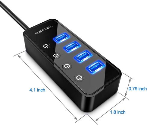 موزع USB 3.0 - 4 منافذ بيانات عالية السرعة مع مفاتيح تشغيل/إيقاف فردية، محول طاقة 5 فولت/3 أمبير، متوافق مع ماك بوك، الكمبيوتر الشخصي، القرص الصلب الخارجي والمزيد in Kuwait