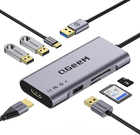 محول مركز بيانات QGeeM 7 في 1 USB 3.0 في دونجل ألومنيوم مع محول USB إلى HDMI مخرج 1080 بكسل، 3 منافذ USB، منفذ بيانات USB-C، قارئ بطاقة SD/Micro، متوافق مع Windows وMac وAndroid in Kuwait