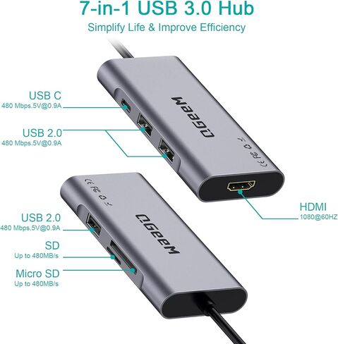 محول مركز بيانات QGeeM 7 في 1 USB 3.0 في دونجل ألومنيوم مع محول USB إلى HDMI مخرج 1080 بكسل، 3 منافذ USB، منفذ بيانات USB-C، قارئ بطاقة SD/Micro، متوافق مع Windows وMac وAndroid in Kuwait