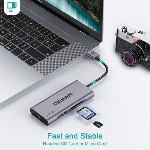 محول مركز بيانات QGeeM 7 في 1 USB 3.0 في دونجل ألومنيوم مع محول USB إلى HDMI مخرج 1080 بكسل، 3 منافذ USB، منفذ بيانات USB-C، قارئ بطاقة SD/Micro، متوافق مع Windows وMac وAndroid in Kuwait