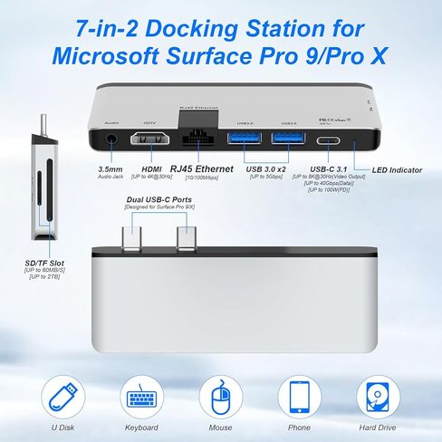 Surface Pro 11/10/9 Hub، Surface Pro 9 USB C Hub مع 4K HDMI، USB-C Thunderbolt 4 (فيديو 8K@30 هرتز + بيانات 40 جيجابت في الثانية + 100 واط PD)، RJ45، 2 * USB 3.0، صوت، فتحة بطاقة SD/TF، ​​لجهاز Surface Pro 11/10/9 in Kuwait