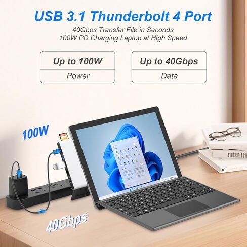 Surface Pro 11/10/9 Hub، Surface Pro 9 USB C Hub مع 4K HDMI، USB-C Thunderbolt 4 (فيديو 8K@30 هرتز + بيانات 40 جيجابت في الثانية + 100 واط PD)، RJ45، 2 * USB 3.0، صوت، فتحة بطاقة SD/TF، ​​لجهاز Surface Pro 11/10/9 in Kuwait