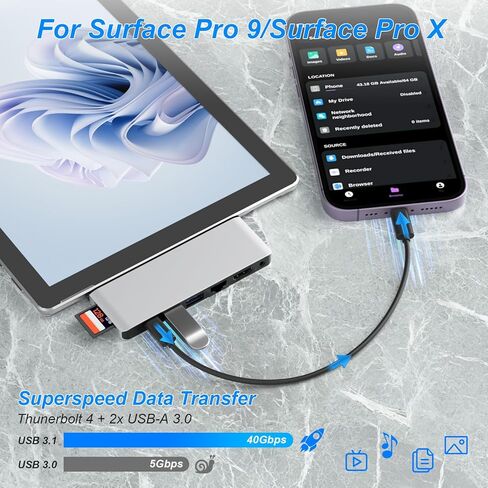 Surface Pro 11/10/9 Hub، Surface Pro 9 USB C Hub مع 4K HDMI، USB-C Thunderbolt 4 (فيديو 8K@30 هرتز + بيانات 40 جيجابت في الثانية + 100 واط PD)، RJ45، 2 * USB 3.0، صوت، فتحة بطاقة SD/TF، ​​لجهاز Surface Pro 11/10/9 in Kuwait